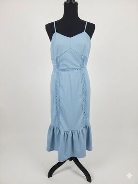 miami Sky Blue Lace-Trim Spaghetti Strap Midi Dress